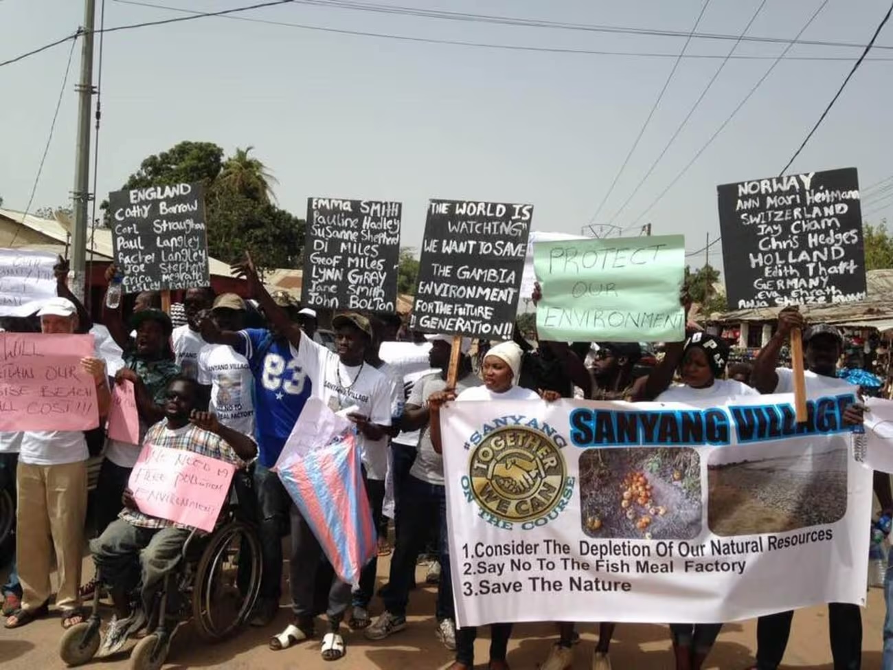 Locals from Sanyang, The Gambia, protested in June 2018 in an effort to close the Nessim factory due to environmental pollution. Concerns about water contamination, stench, and overfishing repeatedly spurred civil unrest toward the fishmeal industry in The Gambia.