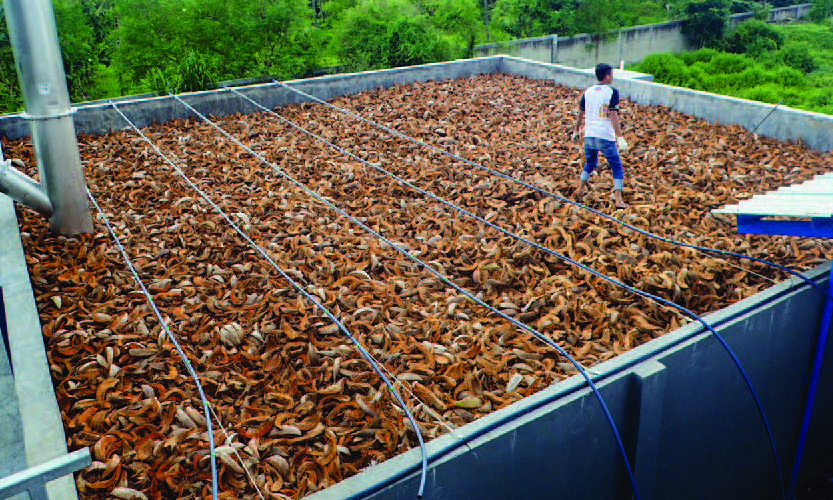 A bio-filter at a fishmeal plant in Indonesia, designed and installed by A & S Thai Works. This biofiltration system uses coconut husks as its “bio media,” where naturally occurring microbes break down pollutants and odor molecules in exhaust gases, making the air released from the plant safer and more tolerable for nearby residents.