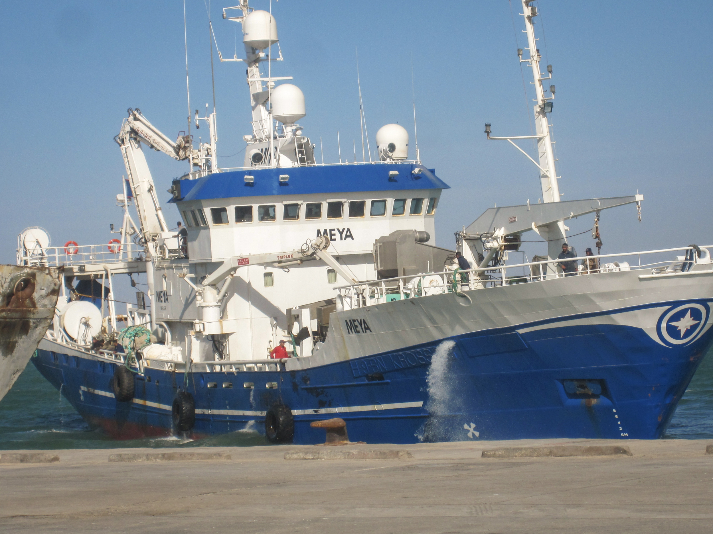 The Meya, a Moroccan-owned, Swedish-operated fishing vessel docked in the Western Saharan port of Dakhla.