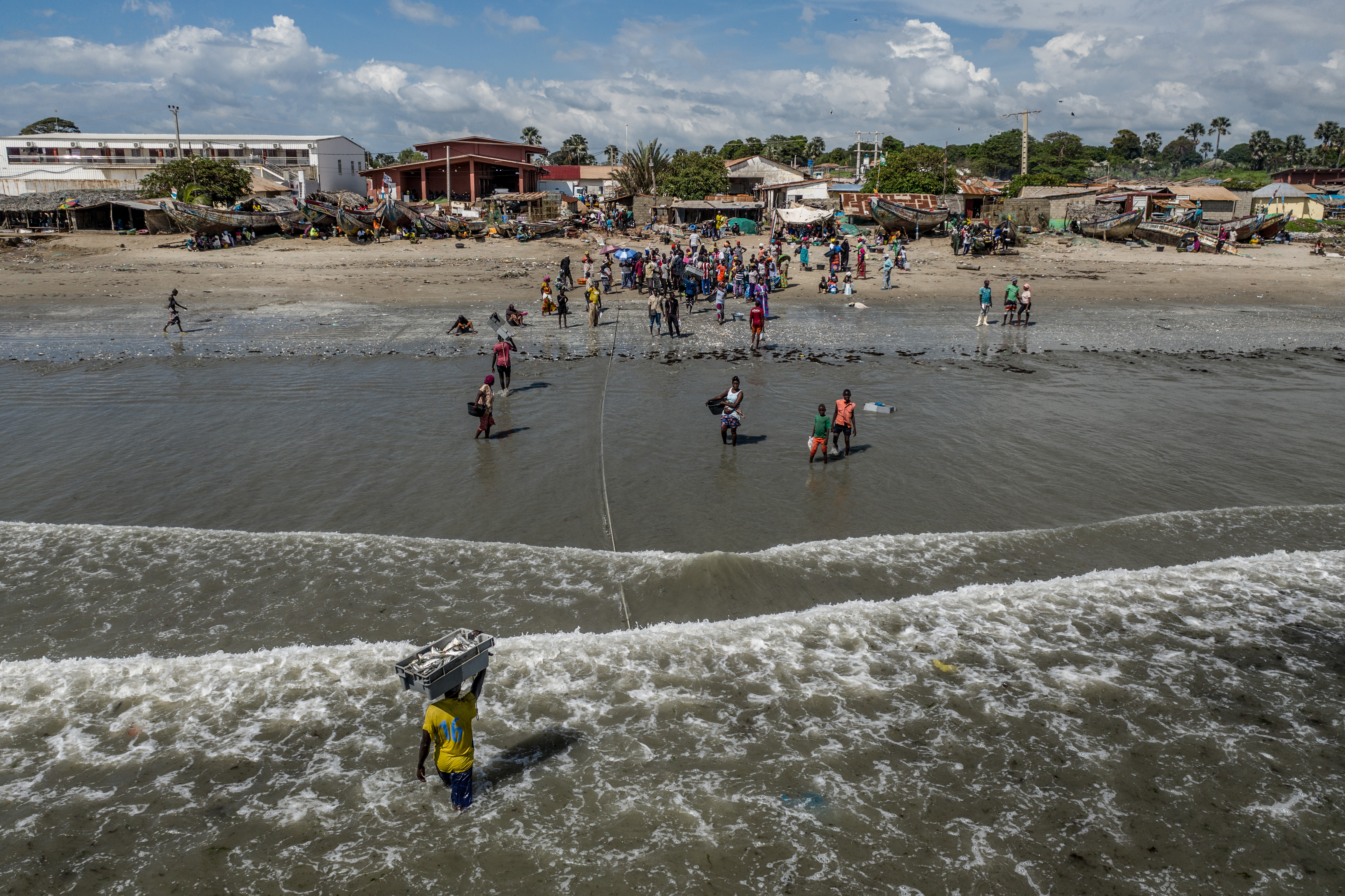 Workers carried crates of fish to shore in Gunjur, Gambia in 2019. Much of this same catch previously provided an affordable source of protein for local communities, but the higher prices offered by fishmeal plants have since redirected the catch into the export market.